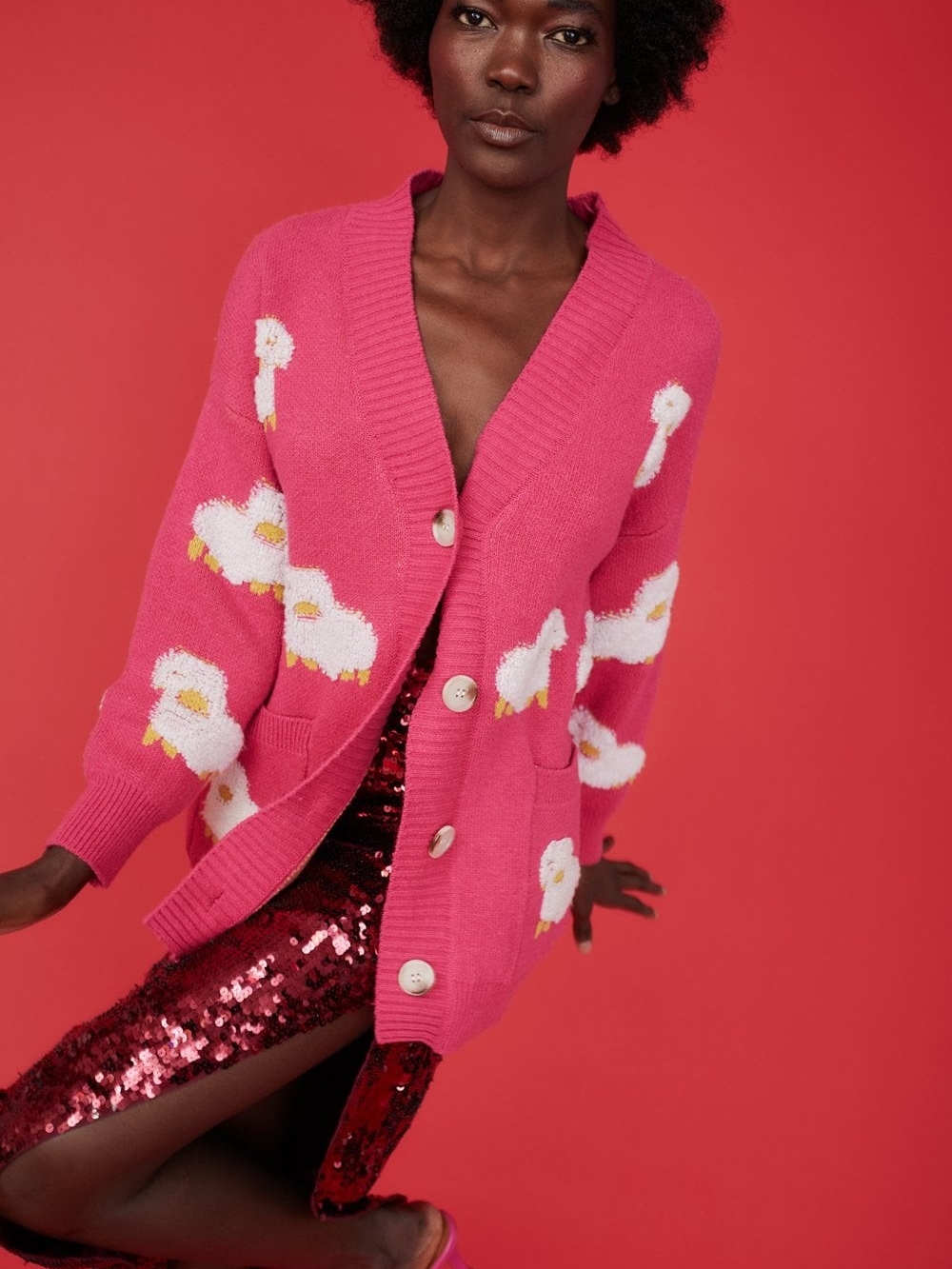 Pink Fluffy Sheep Button-Front Women's Cardigan Sweater